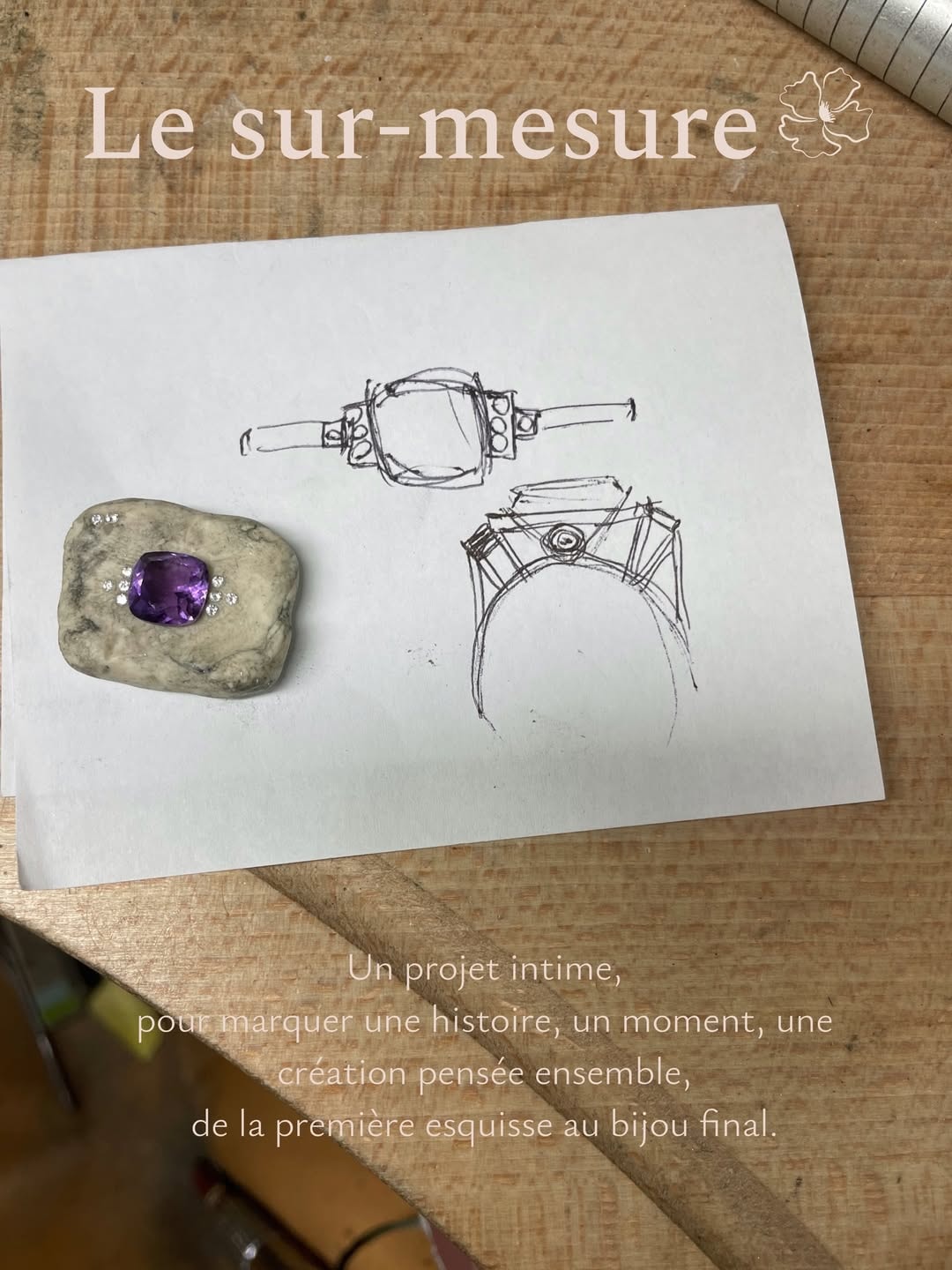 Esquisses de bijoux et améthyste brute sur l'établi